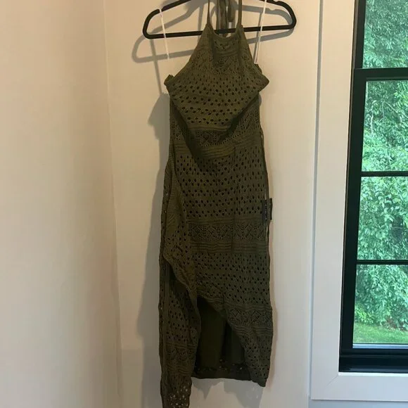 Olive Green Crochet Faux-Wrap Halter Midi Dress - Picture 2 of 3